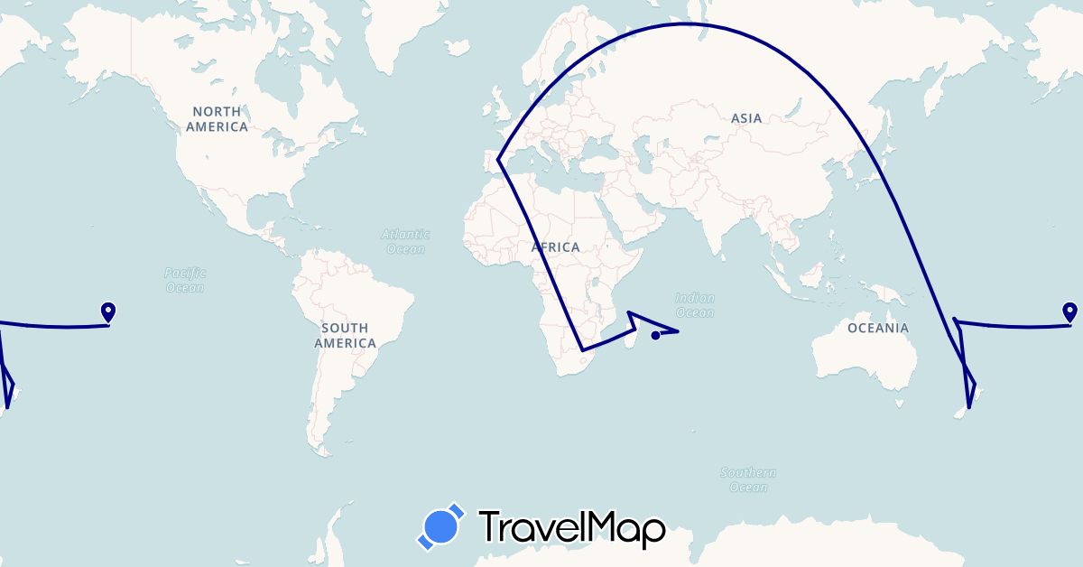 TravelMap itinerary: driving in Spain, Madagascar, Mauritius, New Caledonia, New Zealand, French Polynesia, Réunion, Vanuatu, Mayotte, South Africa (Africa, Europe, Oceania)